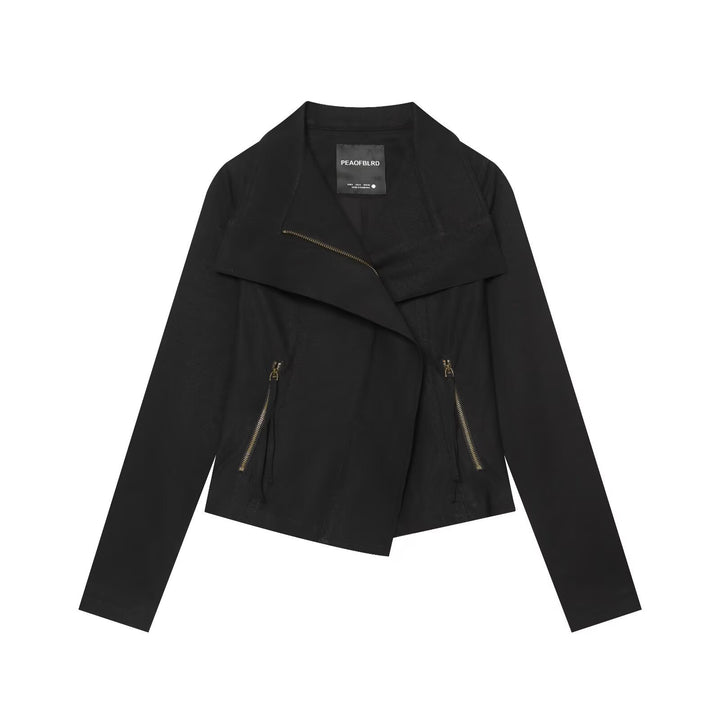 Damen Asymmetrische Bikerjacke mit Wasserfallkragen und diagonalem Reißverschluss Drune