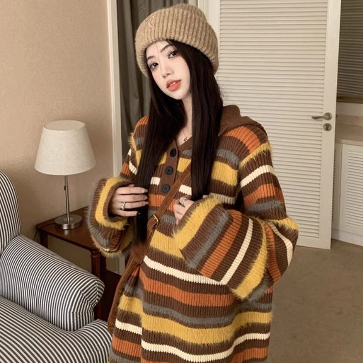 Damen Modische Strickjacke mit großen Knöpfen und kapuzze Drune
