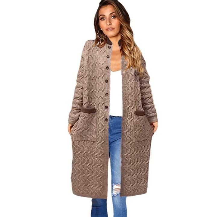 Damen Langer Strickcardigan mit Zopfmuster und praktischen Taschen Drune