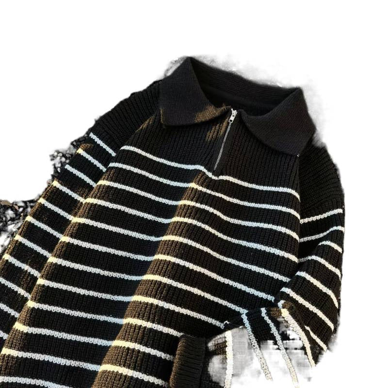 Unisex Grobgestrickter Oversize-Pullover mit halbem Reißverschluss und Polokragen Drune