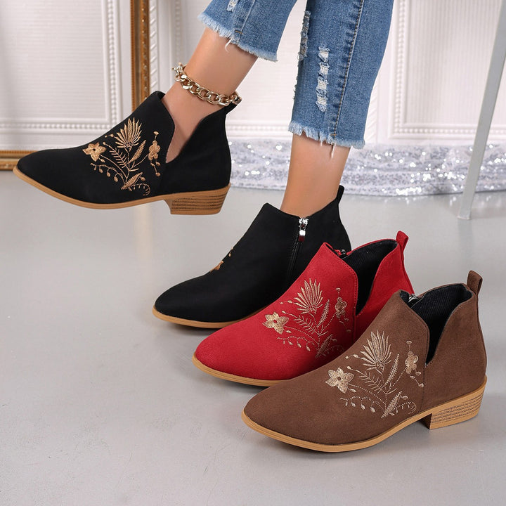 Damen Gestickte Ankle-Boots mit V-Cut und seitlichem Reißverschluss Drune
