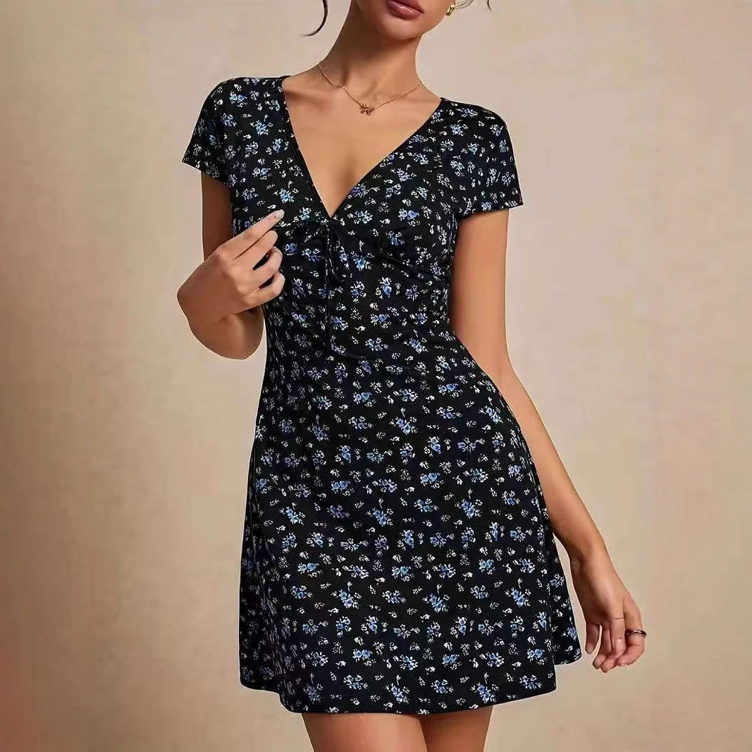 Damen Kurzarm Kleid mit blumigem Schnitt und Wickeldetails Drune