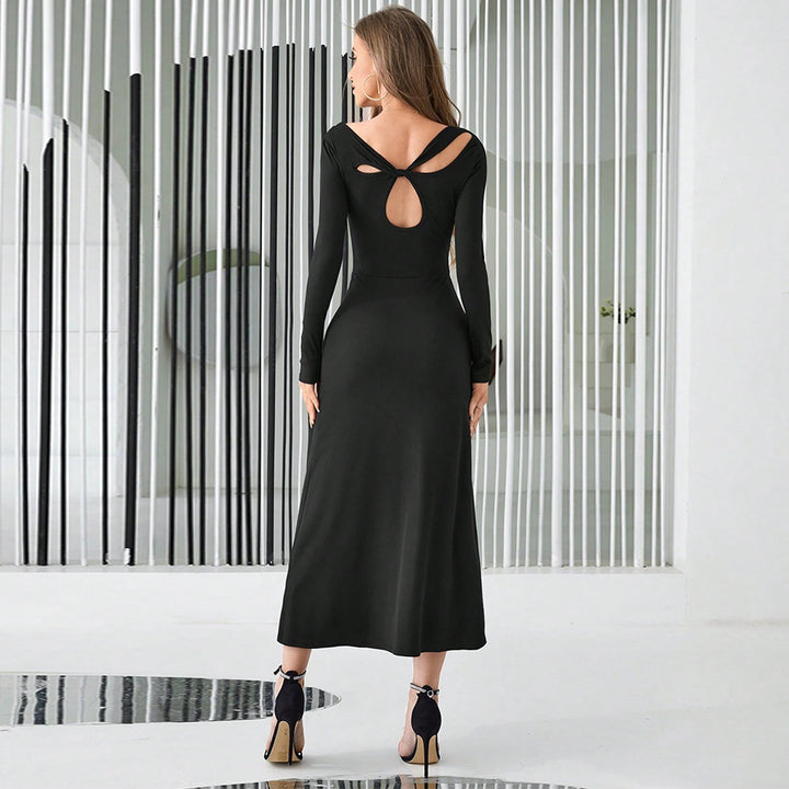 Damen figurbetontes Maxikleid mit asymmetrischem Ausschnitt und langen Ärmeln Drune