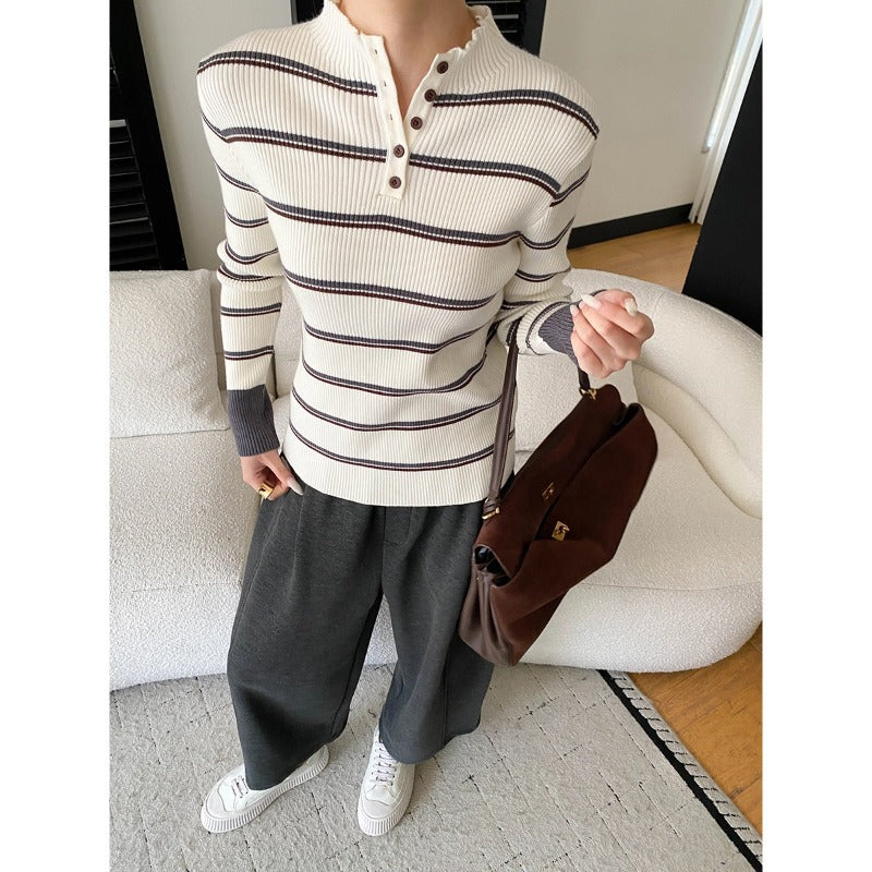 Damen hochwertiger Strickpullover im modernen Streifenlook mit Knopfleiste Drune