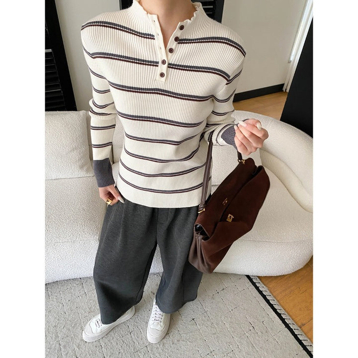 Damen hochwertiger Strickpullover im modernen Streifenlook mit Knopfleiste Drune
