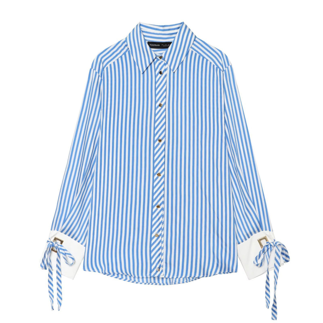 Damen Oversize-Bluse mit Streifen, abgesetzten Manschetten, Schleifendetail und Zierknöpfen Drune