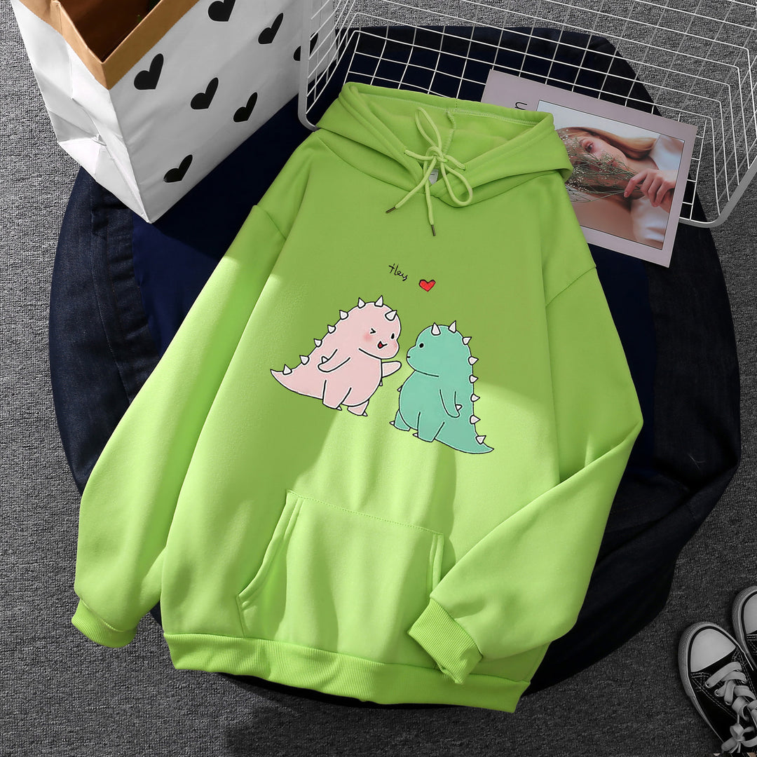 Damen nan Kapuzenpullover mit niedlicher Dinosaurierpärchen‑Illustration, Oversize‑Schnitt und Kängurutasche Drune
