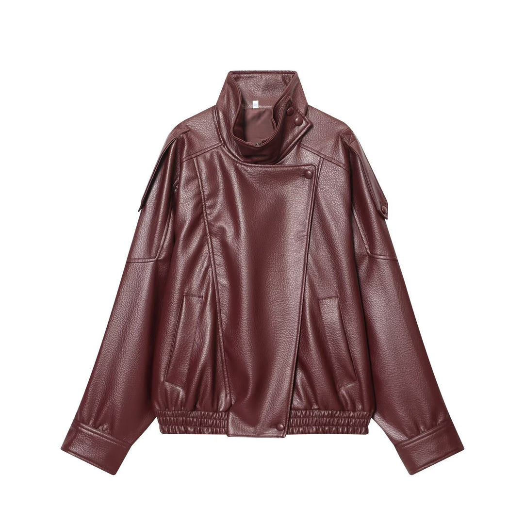 Damen nan Kunstleder-Bomberjacke mit hohem Stehkragen, asymmetrischer Druckknopfleiste und elastischem Saum Drune