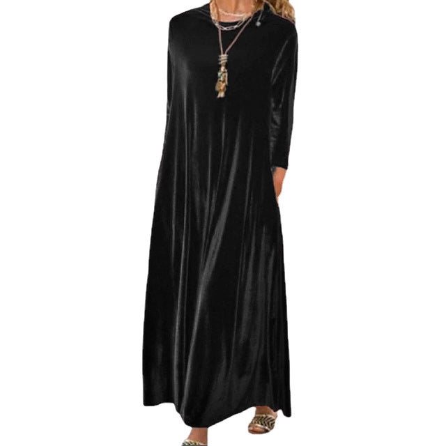 Damen Langes samtiges Maxikleid mit Rundhalsausschnitt, halblangen Ärmeln und seitlichen Taschen Drune