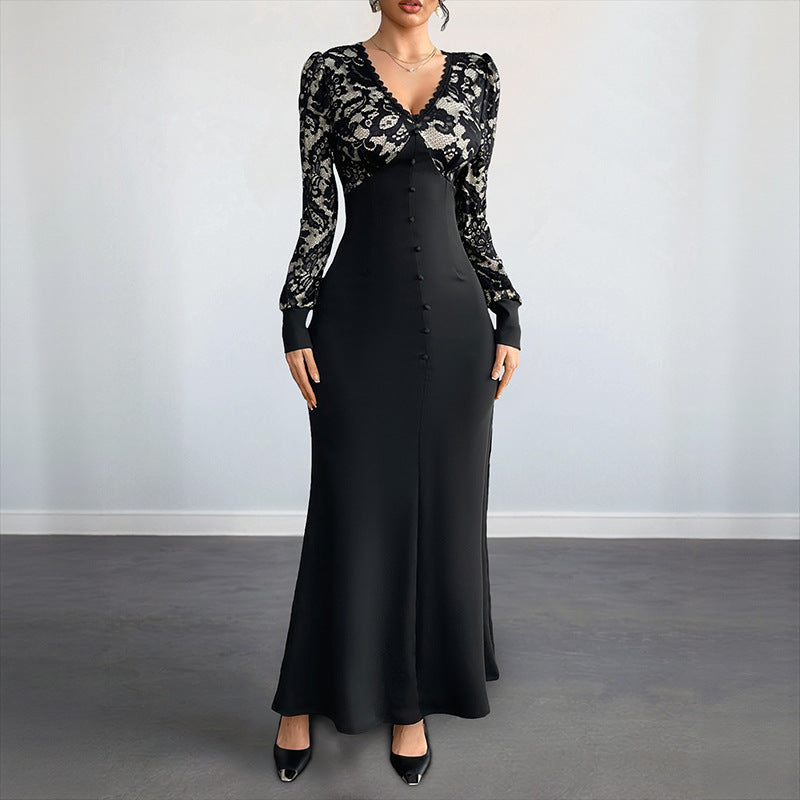 Damen Figurbetontes Maxikleid mit Spitzenoberteil, V‑Ausschnitt und Zierknopfleiste Drune