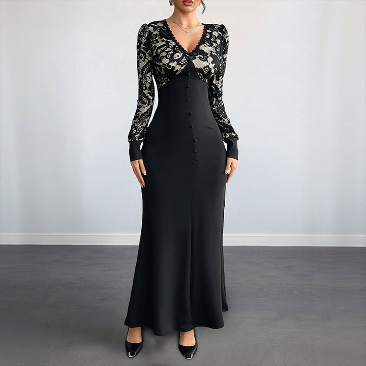 Damen Figurbetontes Maxikleid mit Spitzenoberteil, V‑Ausschnitt und Zierknopfleiste Drune