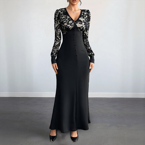 Damen Figurbetontes Maxikleid mit Spitzenoberteil, V‑Ausschnitt und Zierknopfleiste Drune