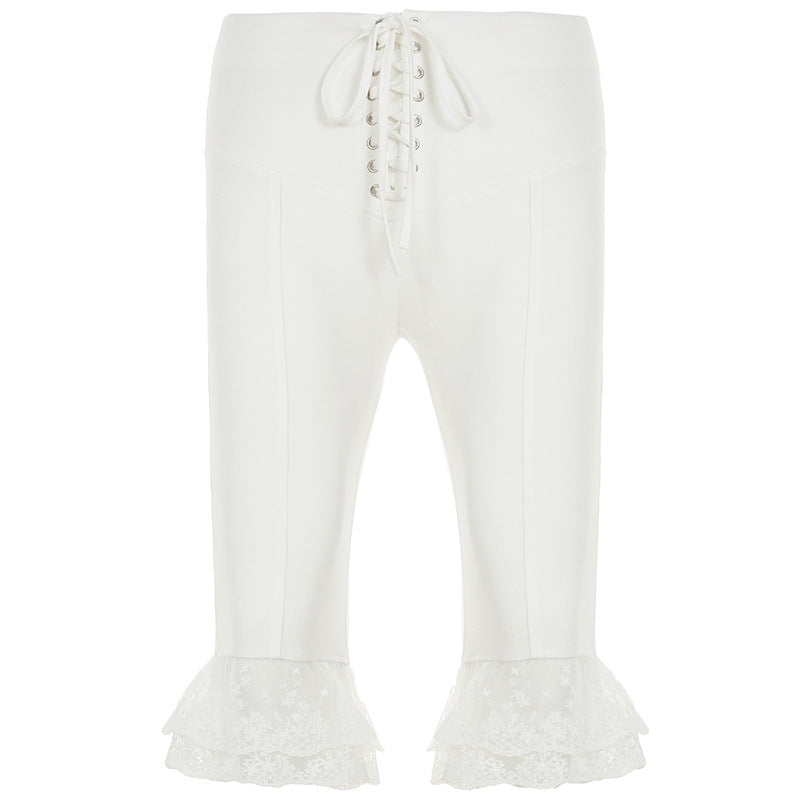 Damen lässige Flared-Loungehose mit verstellbarem Bund und Spitzenakzenten Drune