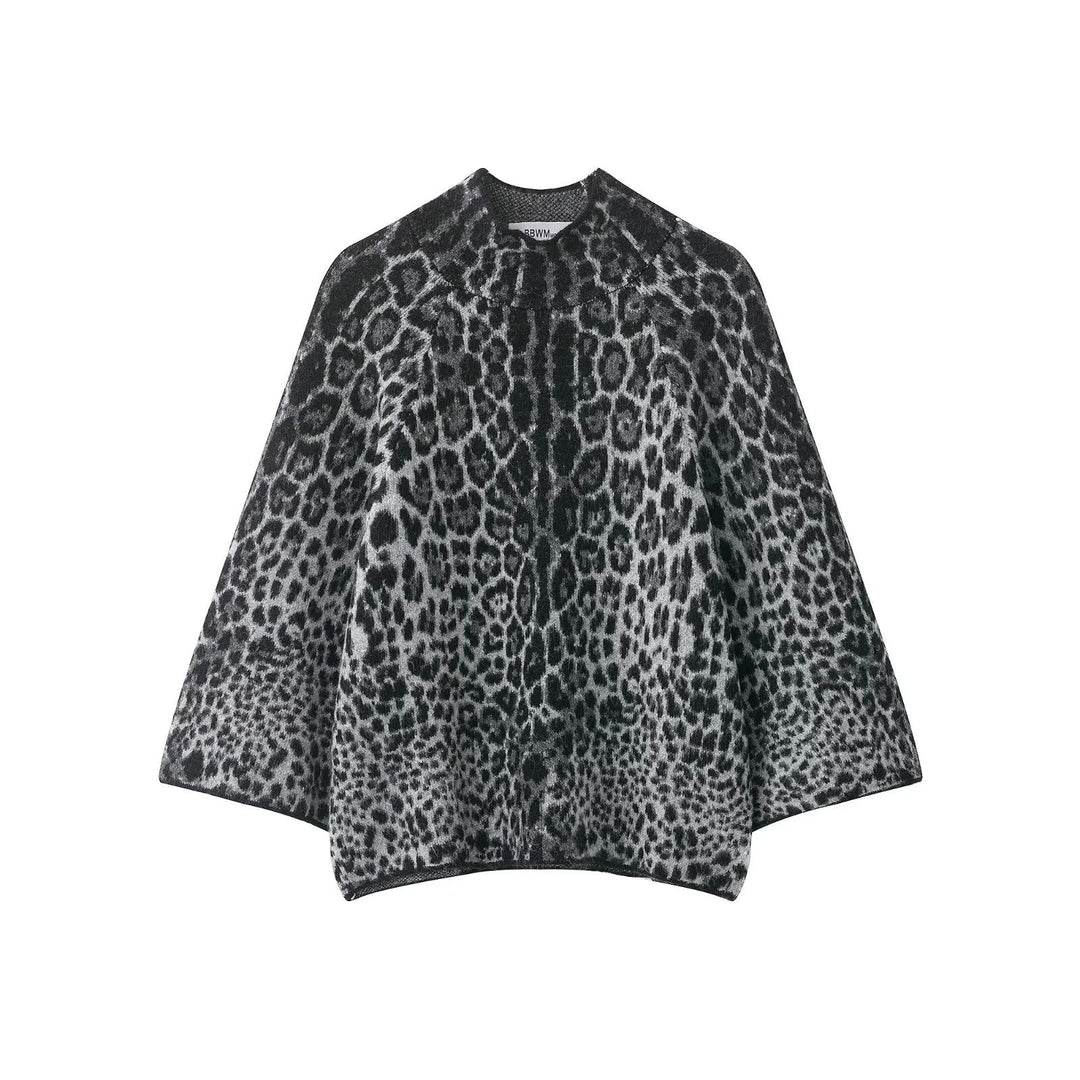 Damen nan Oversize-Poncho mit Leopardenjacquard, strukturierter Rollkragen und ausgestellter A-Linien-Silhouette Drune