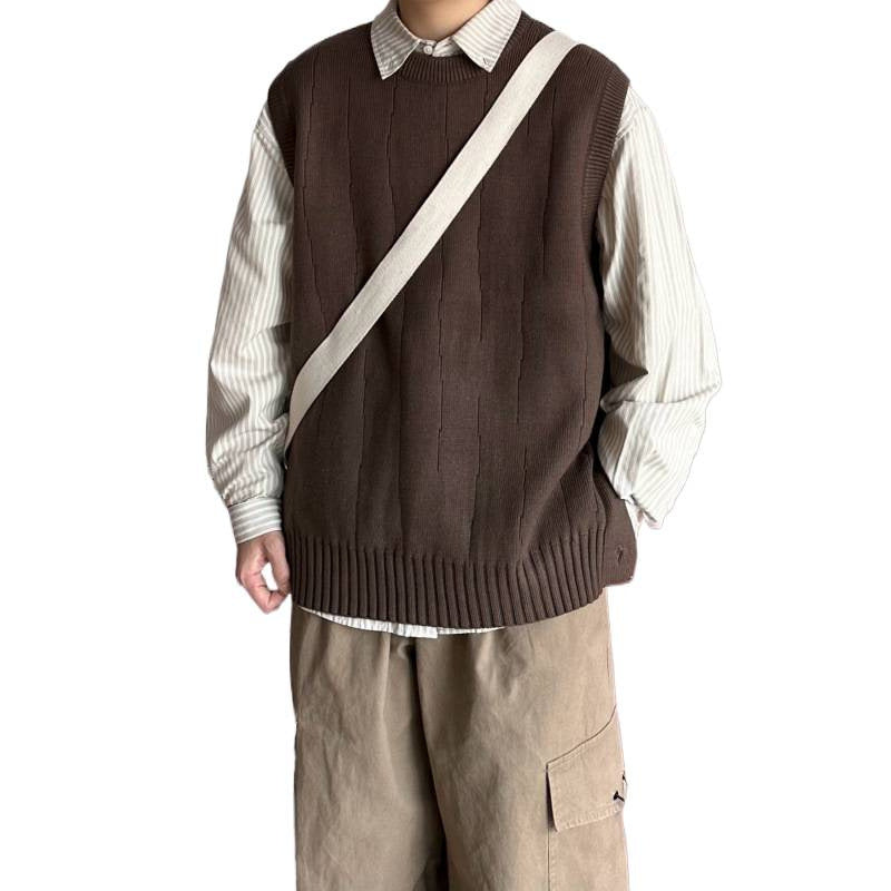 Herren Oversized Ärmellose Strickweste mit geripptem Saum und Rundhalsausschnitt Drune