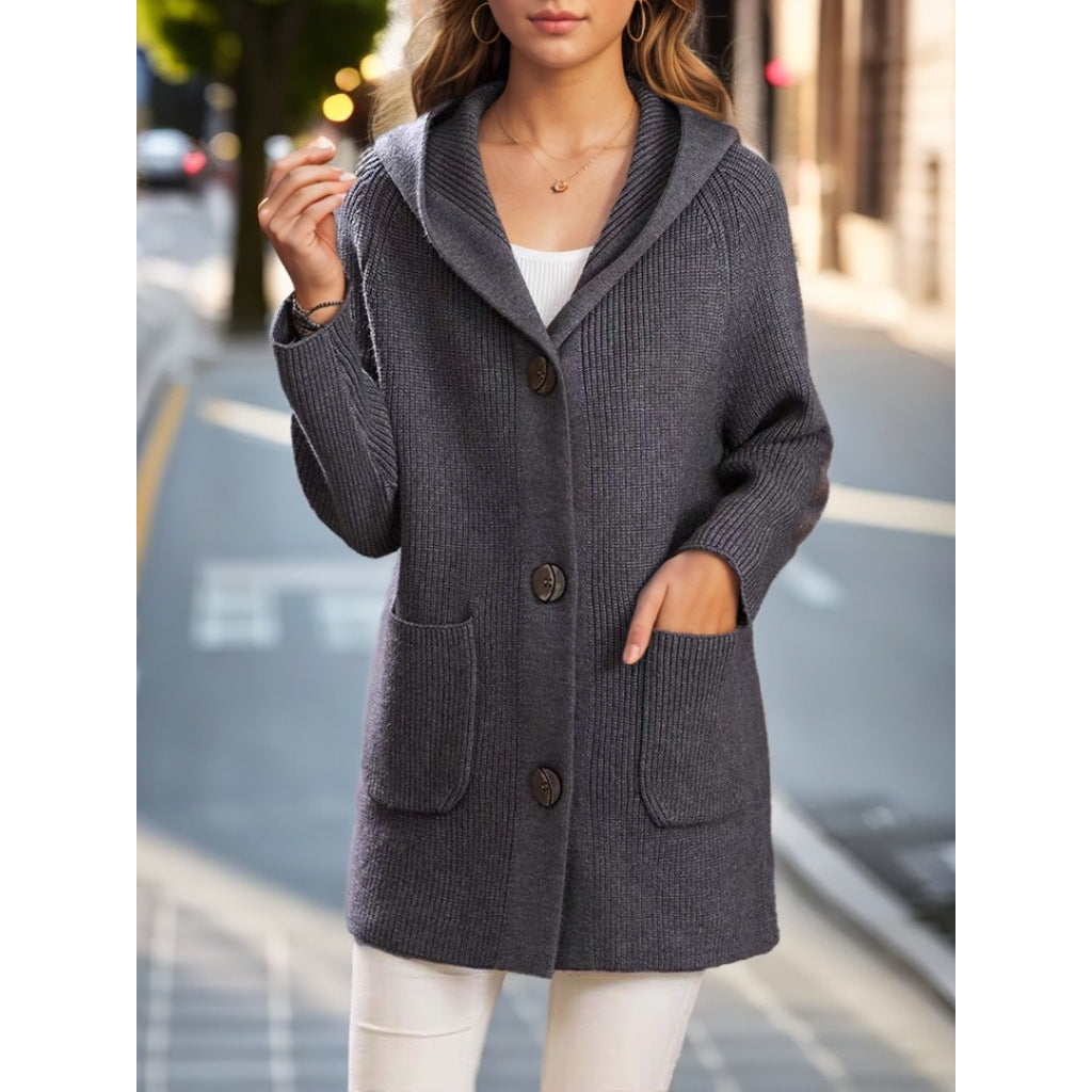 Damen nan lange gerippte Kapuzen-Strickjacke mit aufgesetzten Taschen und markanten Knöpfen Drune