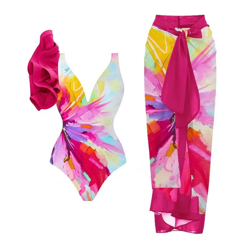 Damen Badeanzug-Set mit floralem Design und elegantem Wickelrock Drune