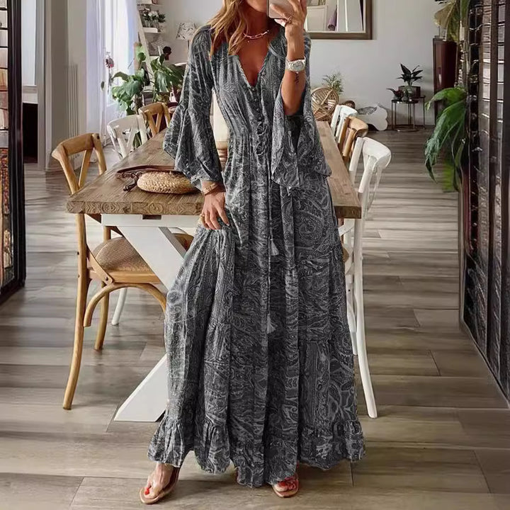 Damen Boho-Maxikleid mit Paisley‑Print, V‑Ausschnitt, Volantärmeln und Taillen‑Bindegürtel Drune