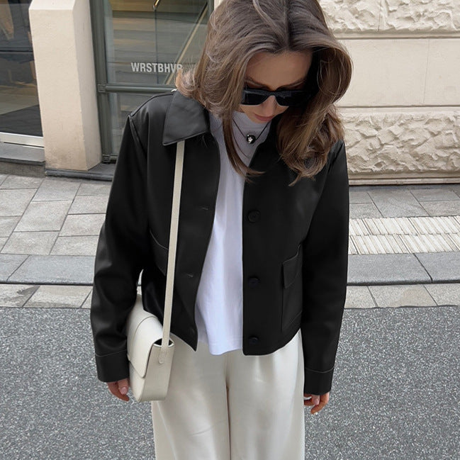 Damen Modische Lederjacke im eleganten Cropped-Schnitt mit praktischen Taschen Drune