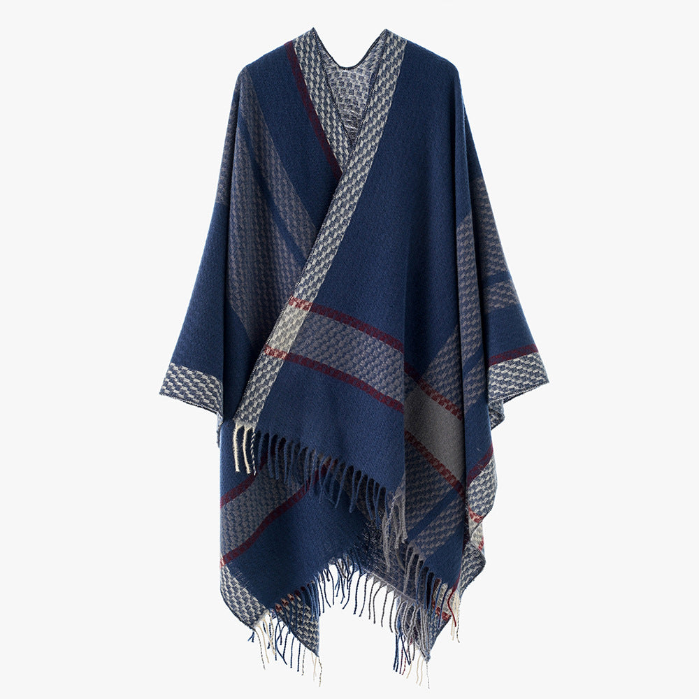 Damen Capeponcho mit Fransen und kariertem Jacquard-Design Drune