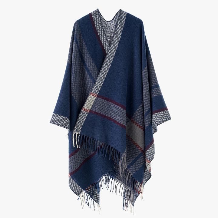 Damen Capeponcho mit Fransen und kariertem Jacquard-Design Drune