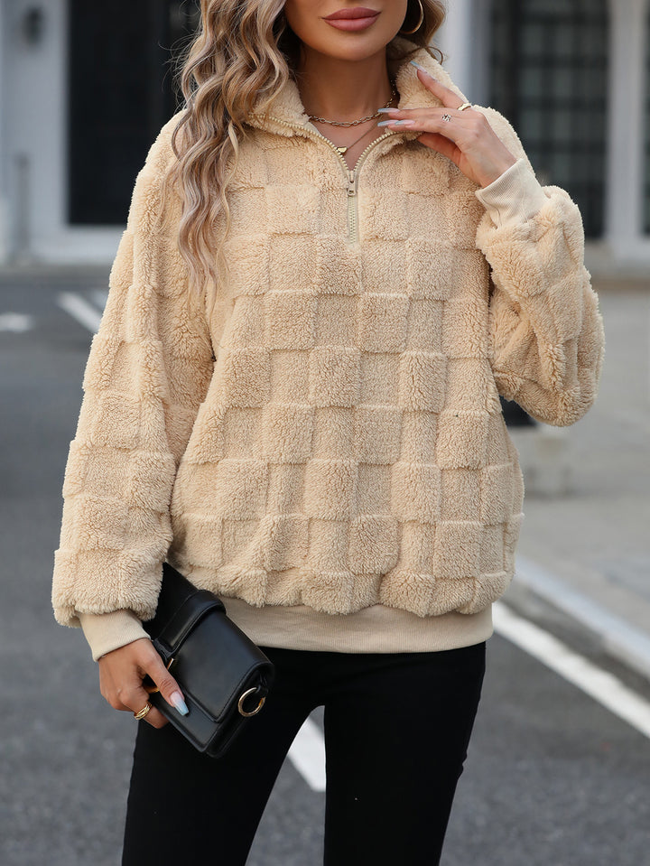 Damen Oversize Fleece-Pullover mit Zipper und Struktur Drune