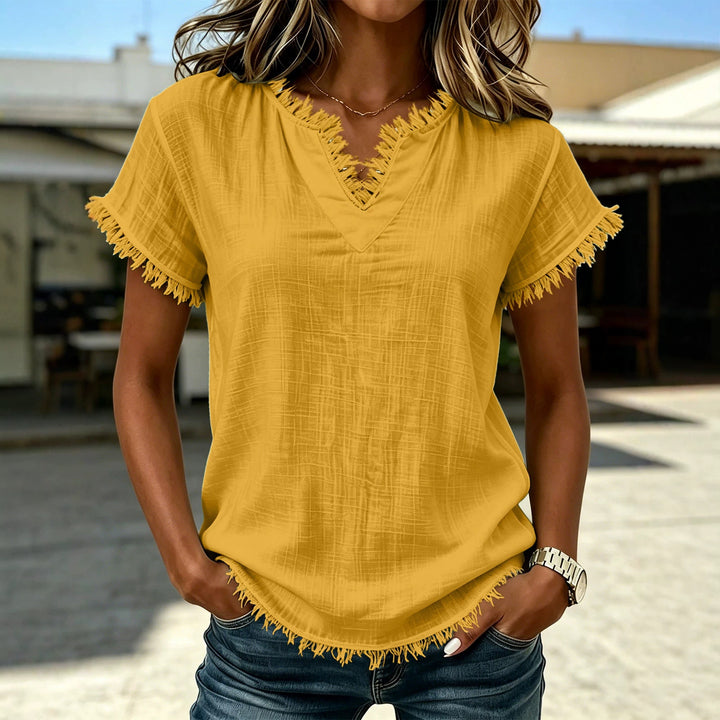 Damen Leichtes T-Shirt mit fransierten Akzenten Drune