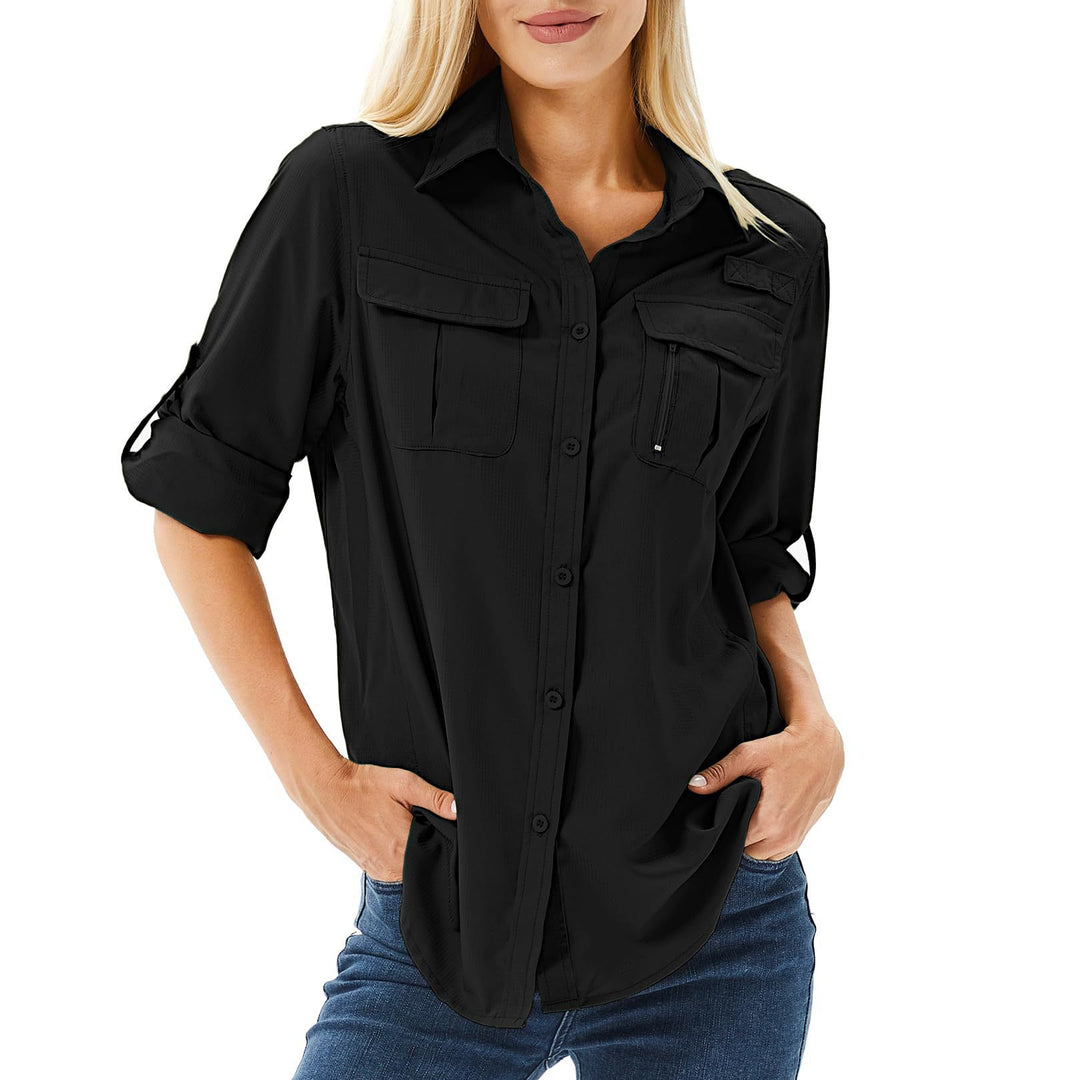 Damen lässige Bluse mit praktischen Taschen und umschlagbaren Ärmeln Drune