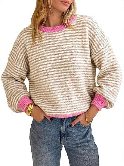 Damen Gestreifter Rippstrick-Pullover mit Kontrast-Bündchen Drune