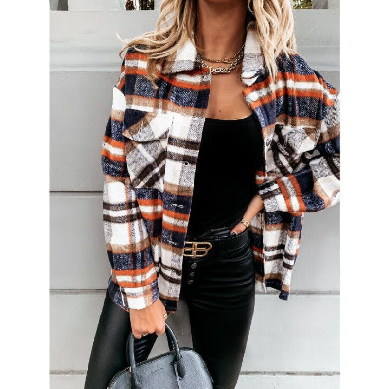 Damen Oversized Karo-Hemdjacke mit Druckknöpfen und aufgesetzten Brusttaschen Drune
