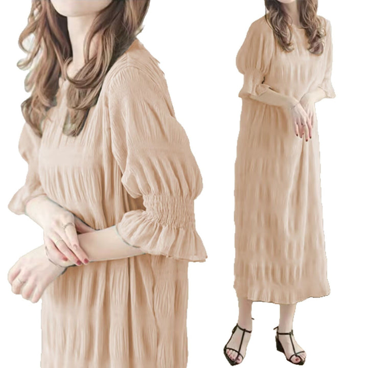Damen Freizeitliches Maxikleid mit elastischen Puffärmeln und raffiniertem Strukturdesign Drune