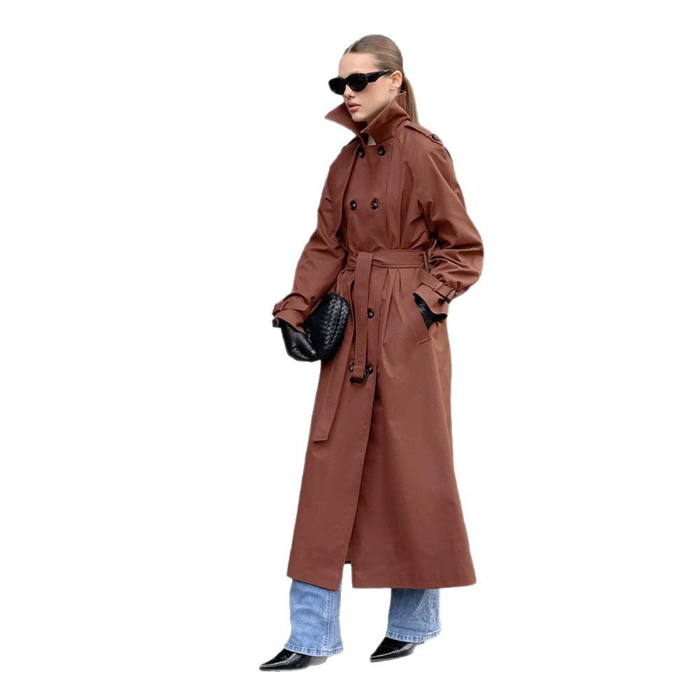 Damen Lang geschnittener wasserabweisender Trenchcoat mit hohem Stehkragen und Taillengürtel Drune