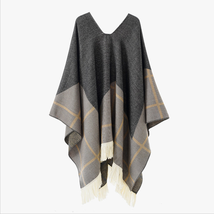 Damen Ornamentaler Jacquard‑Poncho mit V‑Ausschnitt und Fransensaum Drune