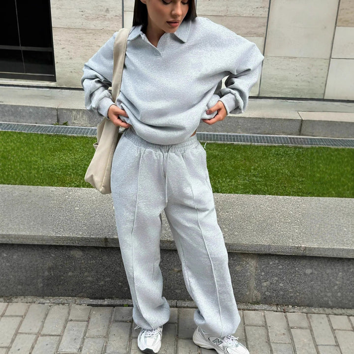 Damen Relaxed Polo-Sweatshirt mit V‑Notch und geraffter Tunnelzug-Jogginghose Drune