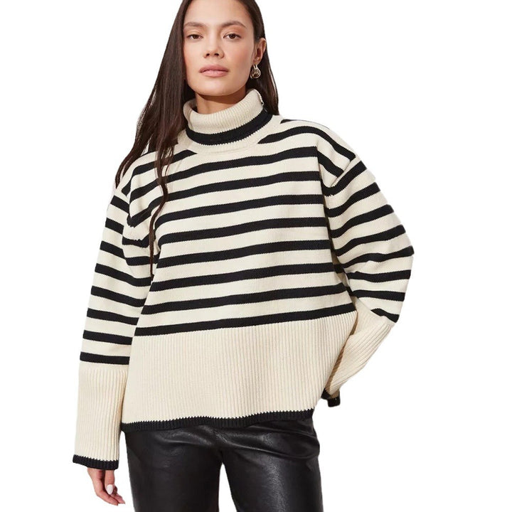 Damen Grob gestrickter Pullover mit hohem Kragen und Breton-Streifen Drune