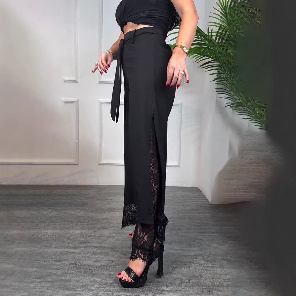Damen nan taillierte hochgeschnittene Hose mit seitlichem Schlitz, transparenter Spitzen-Unterlage und Bindegürtel Drune