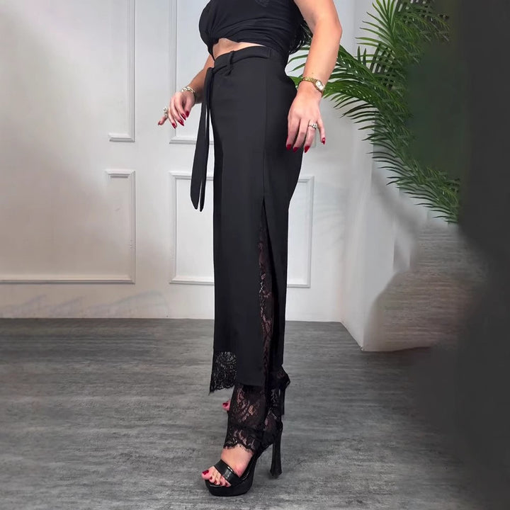 Damen nan taillierte hochgeschnittene Hose mit seitlichem Schlitz, transparenter Spitzen-Unterlage und Bindegürtel Drune