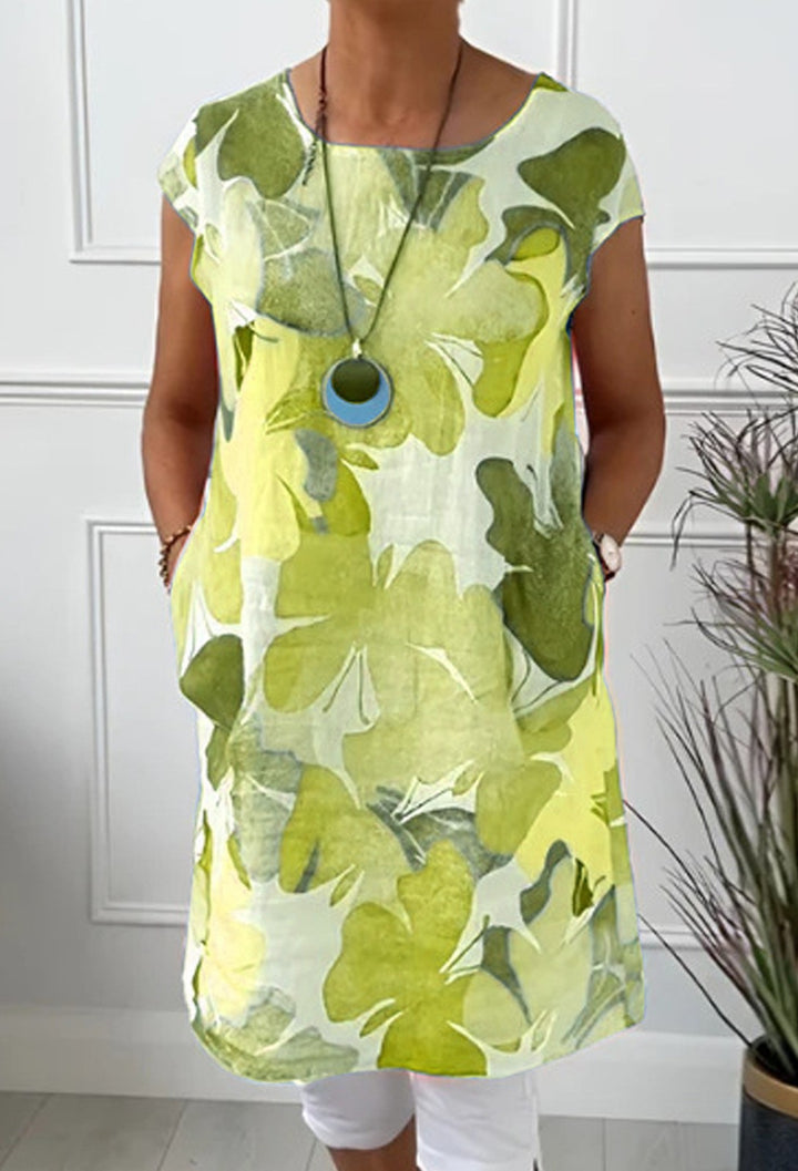 Damen nan luftiges Tunika-Midikleid aus Leinenmix mit Aquarellblütenprint und Seitentaschen Drune