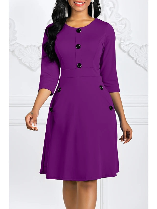 Damen Elegantes knieumspielendes Kleid mit Schmuckknöpfen und 3/4-Ärmeln Drune