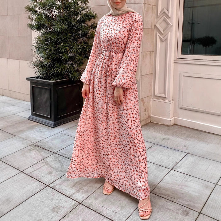 Damen Geblümtes Maxikleid mit Kordel-Taille und Ballonärmeln Drune