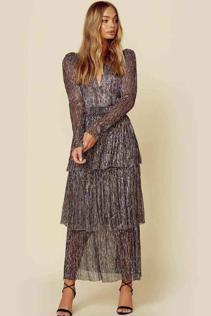 Damen Elegantes Faltenkleid mit tiefem V-Ausschnitt und schimmernden Akzenten Drune