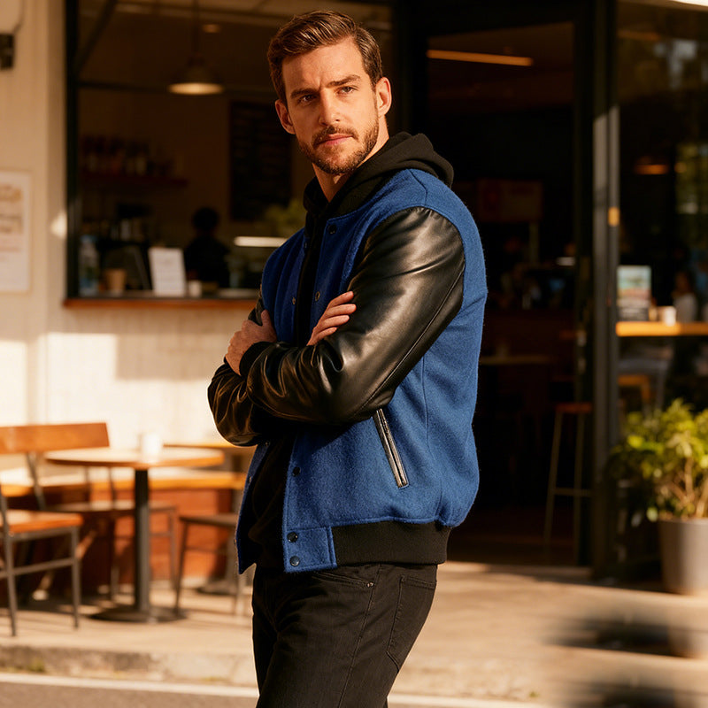 Herren Varsity‑Bomberjacke im College‑Stil mit Wollkörper und Lederärmeln Drune