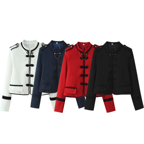 Damen Kurzjacke im Bouclé‑Look mit Mandarin‑Kragen, Kordelfroschverschluss und Zier‑Schulterklappen Drune