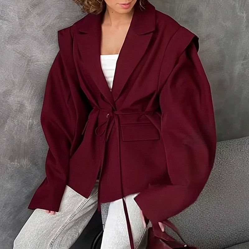 Damen nan taillierter Blazer mit Bindegürtel und Oversize-Ärmeln Drune