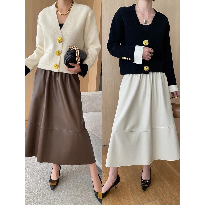 Damen eleganter Cardigan mit Knopfdetails und fließendem Maxirock Drune