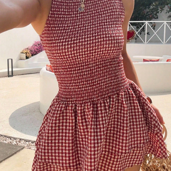 Damen ärmelloses Mini-Dress mit Karomuster und elastischem Bund Drune