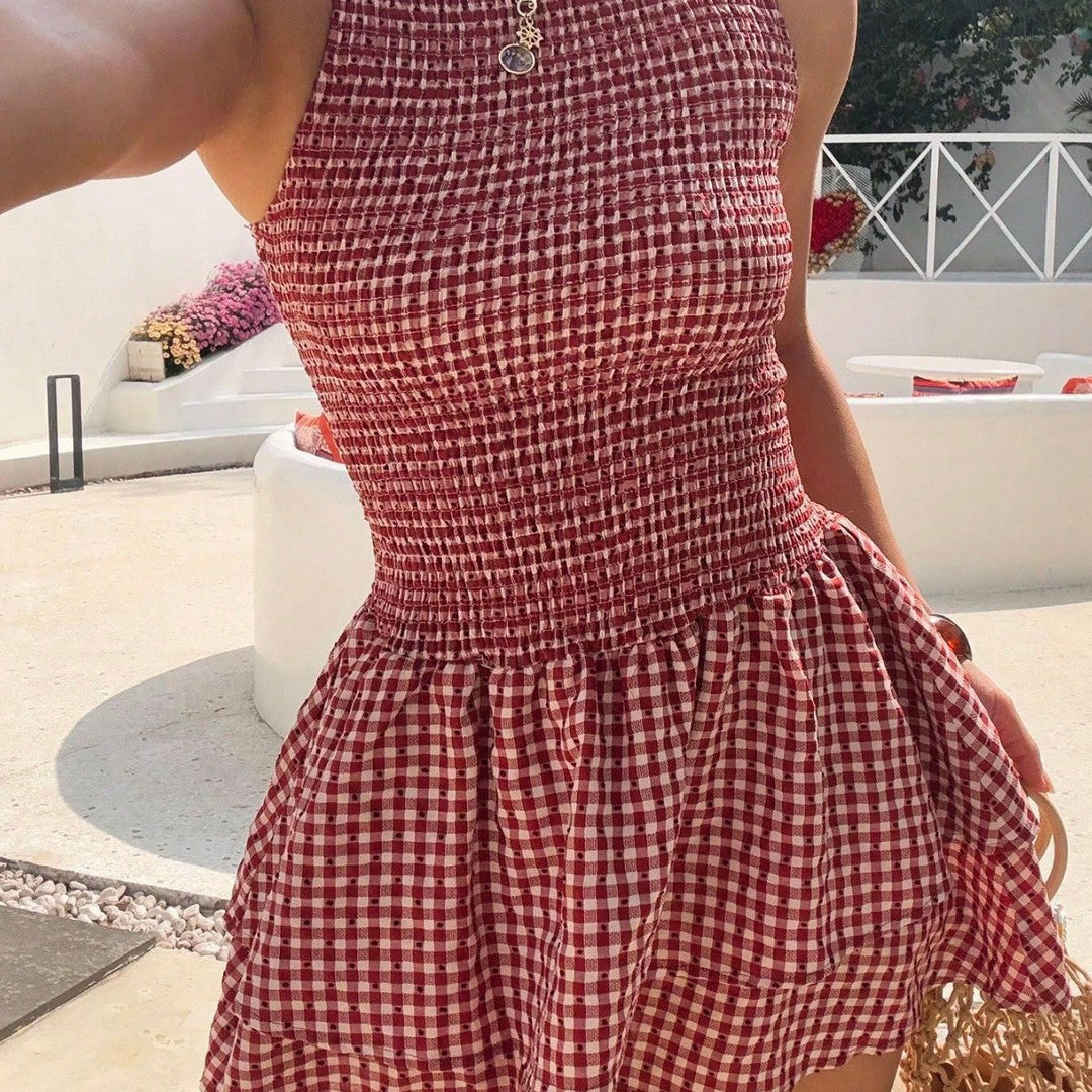 Damen ärmelloses Mini-Dress mit Karomuster und elastischem Bund Drune