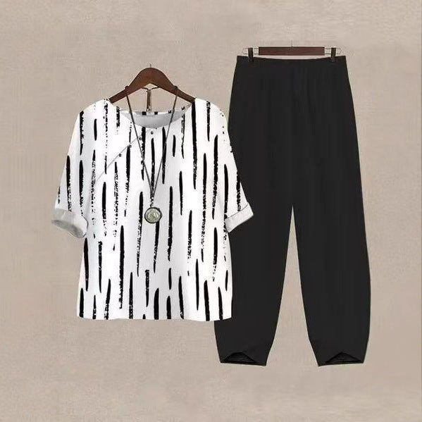 Damen nan weites Shirt mit Pinselstrichmuster, überschnittener Schulter und elastischer Komforthose mit Gummizug Drune