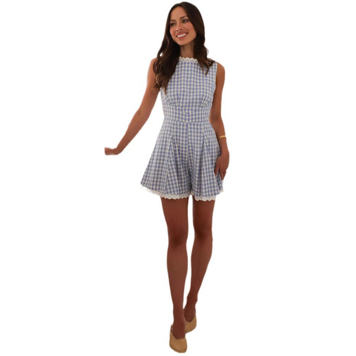 Damen modischer Jumpsuit mit gekräuseltem Saum und Spitzenelementen Drune