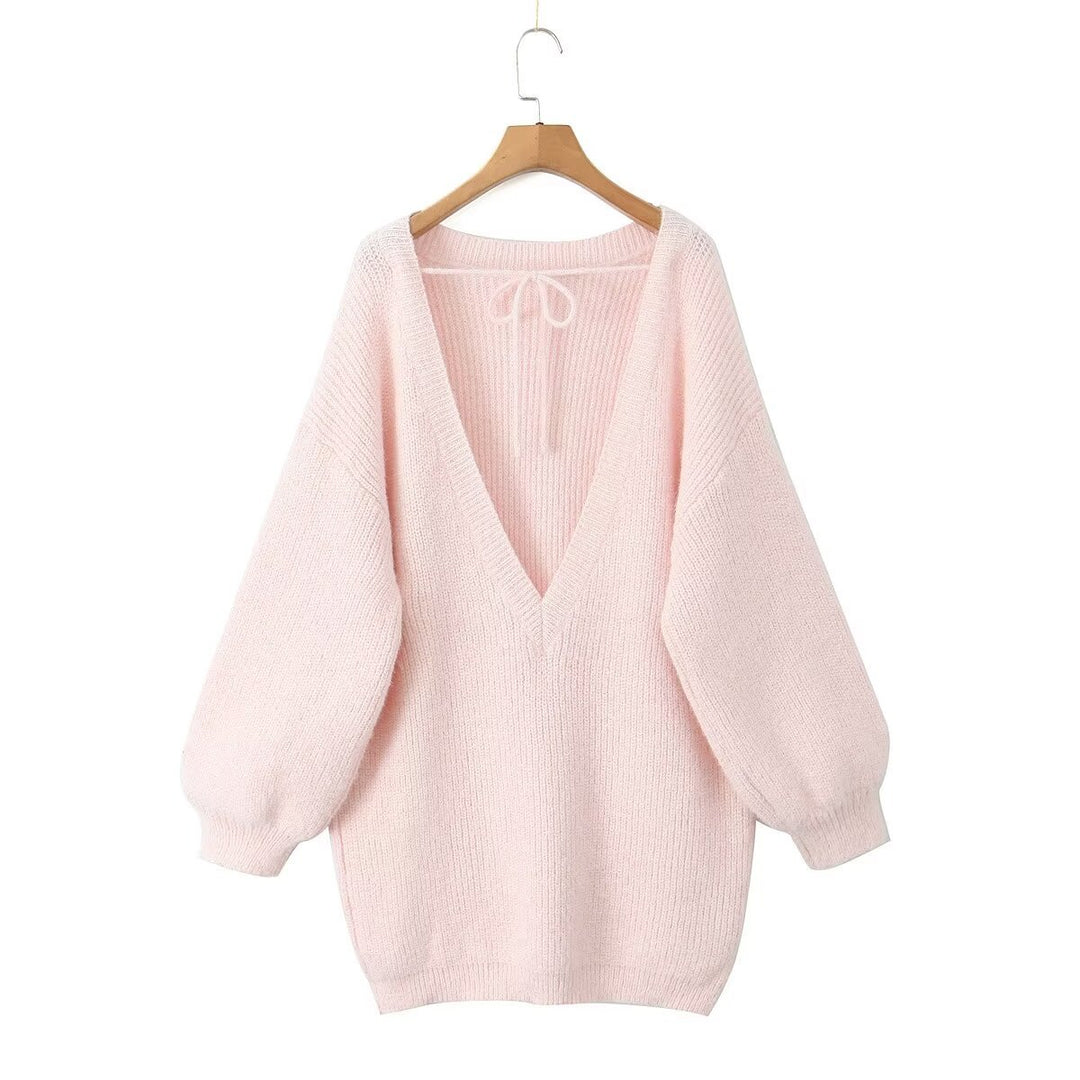 Damen modischer V-Ausschnitt Pullover mit puffärmeligen Details Drune
